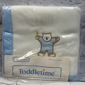 Vintage Toddlertime Blue Trim Baby Blanket Teddy Bear Woven Acrylic 36x45 NOS